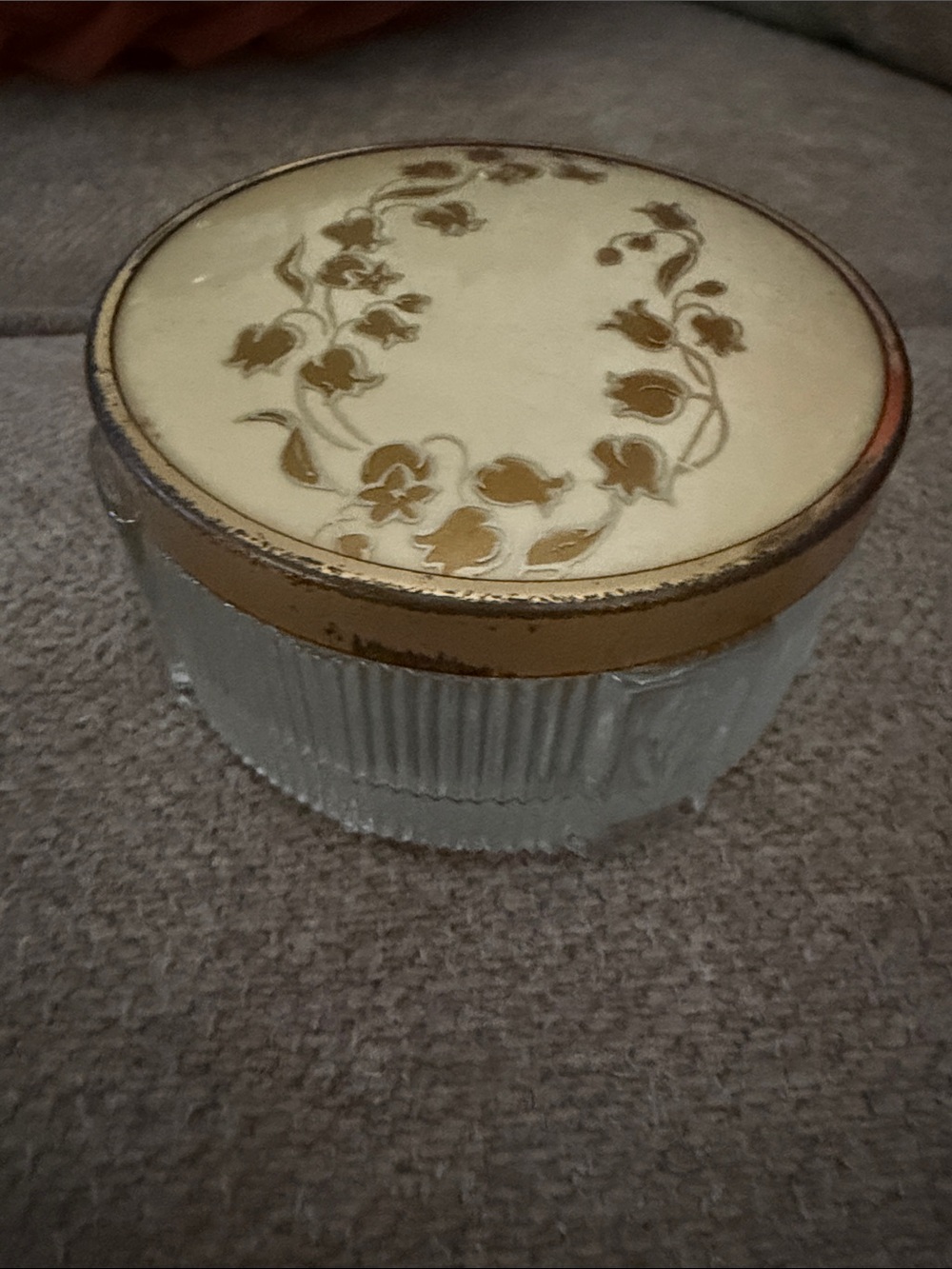 Source Unknown Clear Ribbed Glass Trinket Jar with Gold Floral Lid